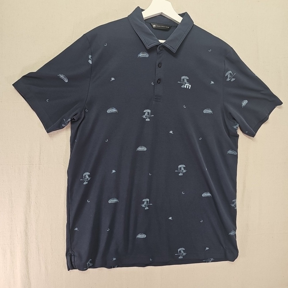 Travis Mathew‎ Polo Shirt Mens 2XL Blue Graphic Beach Creature Golf Performance